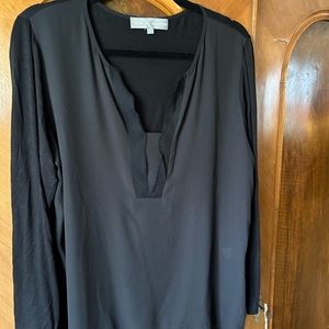 Lola and Sophie silk blk blouse front cut out spandex sleeve.